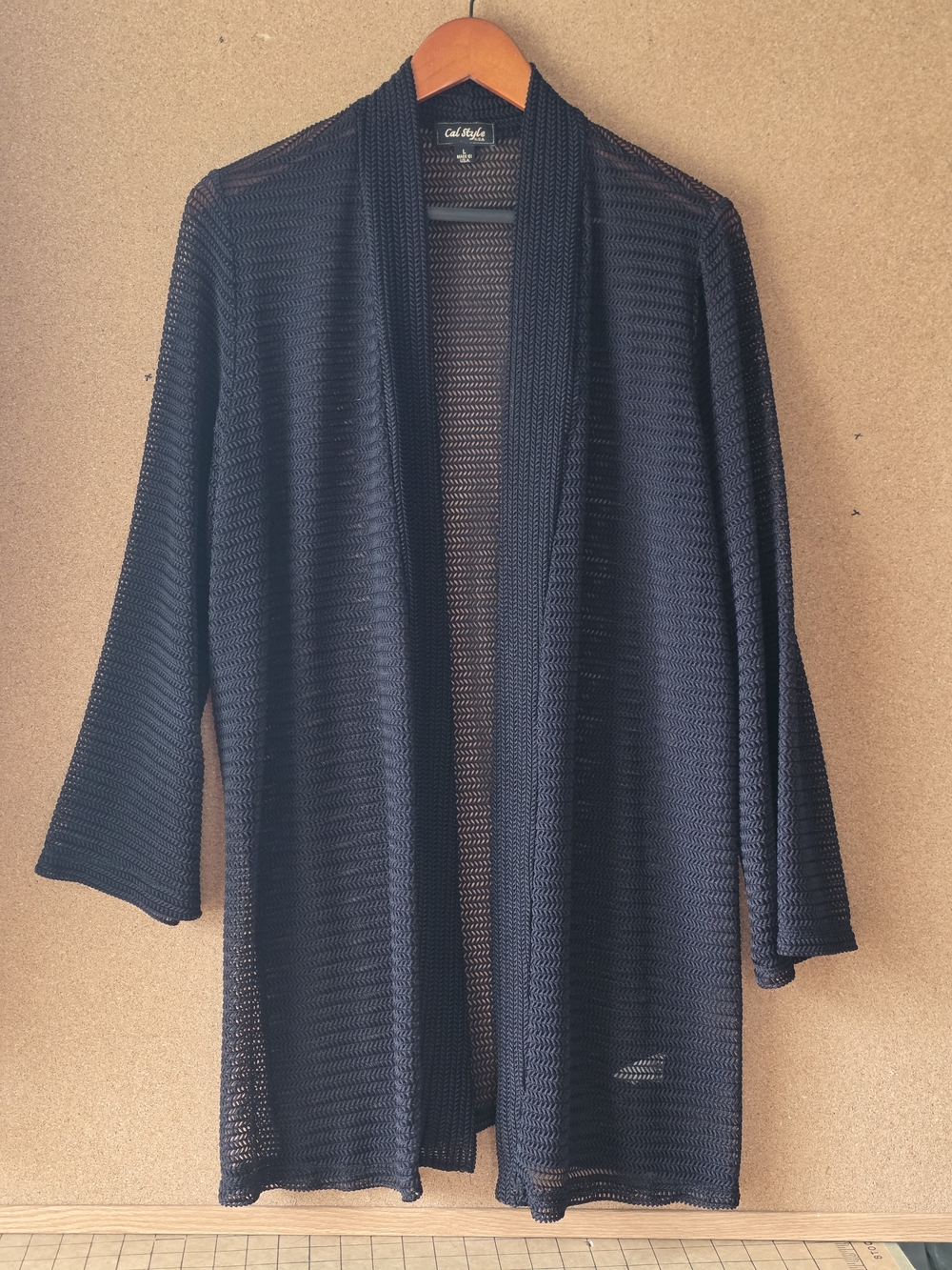 Vintage Cal Style USA Black Open Knit Mesh Cardigan Duster Lagenlook Size L